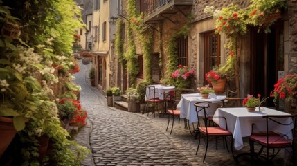 Charming European Street with Outdoor Cafe