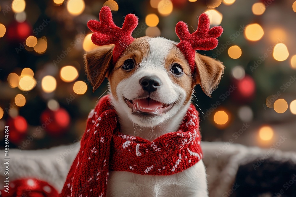 Poster A joyful puppy with reindeer antlers and a cozy red scarf poses cutely against a backdrop of glowing holiday lights and ornaments, capturing the festive spirit