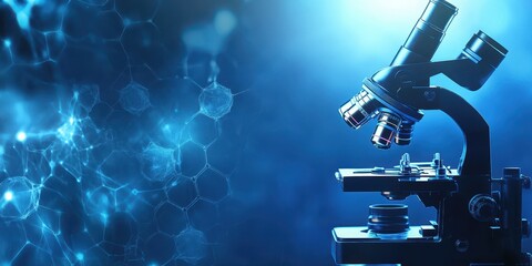 Close-up of a laboratory microscope with blue light and molecular structure background, symbolizing research and discovery.