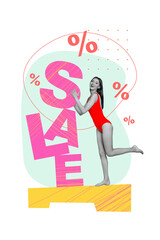 Artwork collage of young beautiful girl sale poster shopaholic buy swimwear huge discount summer season isolated on drawn background