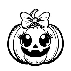 Fototapeta premium Cute Halloween pumpkin with a bow on its head, designed as a simple coloring page for preschoolers. Ideal for fun and creative Halloween activities for young children.