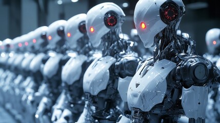 Fototapeta premium A robotics competition where various AI-powered robots perform scientific tasks, intense atmosphere.