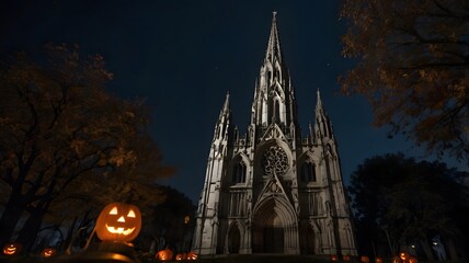 Obraz premium A gothic cathedral adorned with Halloween decorations, bathed in moonlight perfect for Halloween