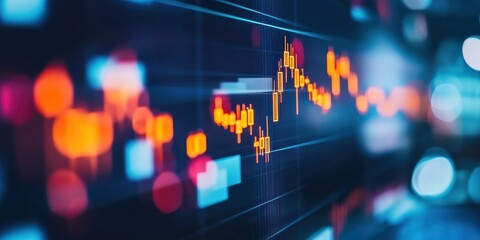 Close-up of a vibrant stock market graph showing fluctuations and trends in digital finance. Modern technology and data visualization.