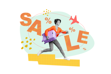 Creative collage placard advertisement running woman with baggage duty free buy perfumes clothes no fee sale isolated on white background