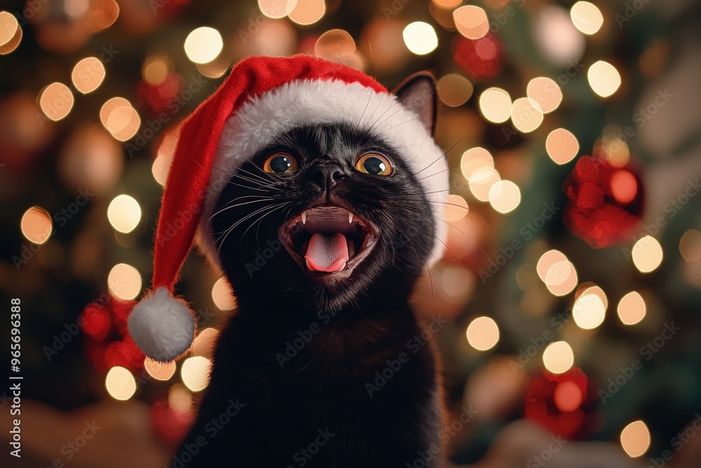 Poster A playful black cat dons a red Santa hat, its mouth open in excitement as warm Christmas lights twinkle softly behind it, capturing the holiday spirit