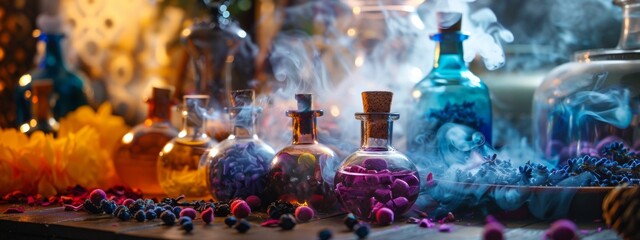 Obraz premium Colorful glass bottles with smoke in a magical setting
