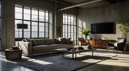 Fototapeta premium an image featuring a sleek sofa positioned against a raw concrete wall. The room exudes modern minimalism, with clean lines and an urban edge. 