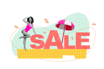 Photo billboard collage of young wearing swimsuit girlish lady promoter near sale slogan summer resort ad isolated on drawn background