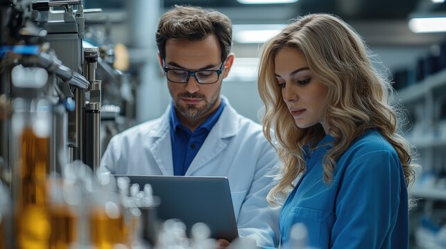 Two scientists, a man and a woman, examine data on a tablet while standing in a busy laboratory surrounded by glass containers and various scientific equipment