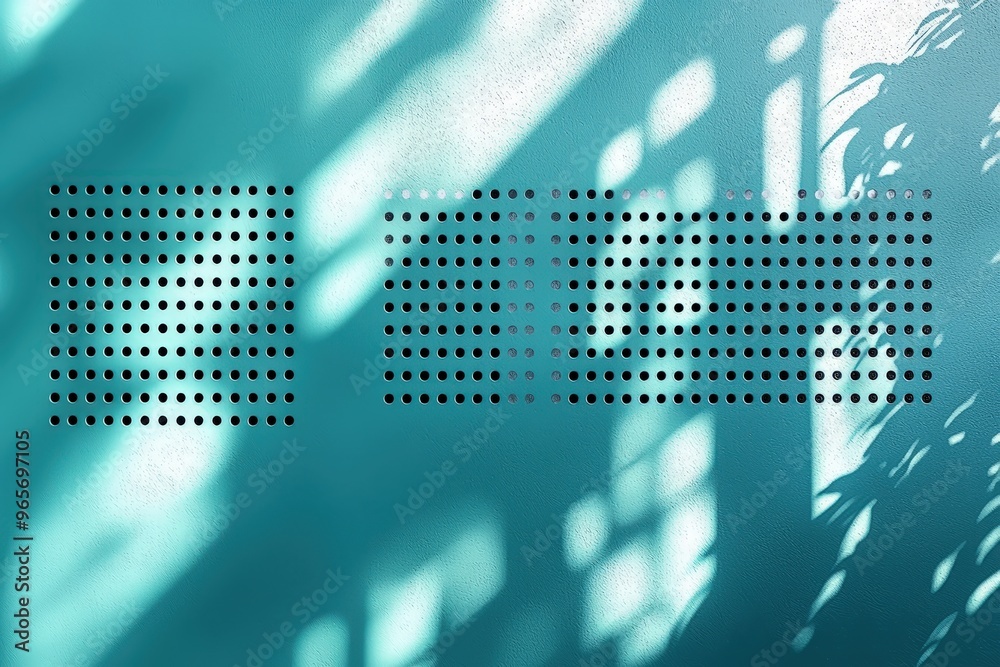 Poster Light filters through dark perforated patterns, generating interesting shapes and textures against a bright blue wall. The shadows enhance the visual appeal during the day