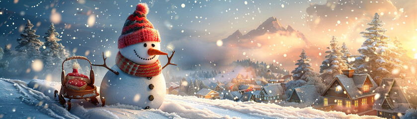 Naklejka premium Snowman with Sled in Mountain Village