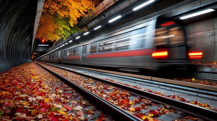 Fototapeta premium Subway Train Leaving Trail of Autumn Leaves in Tunnel