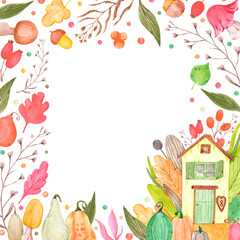 Fototapeta premium Hand drawn watercolor autumn fairytale house with berries and mushrooms frame border isolated on white background. Can be used for postcard, invitation, scrapbook and other printed products.