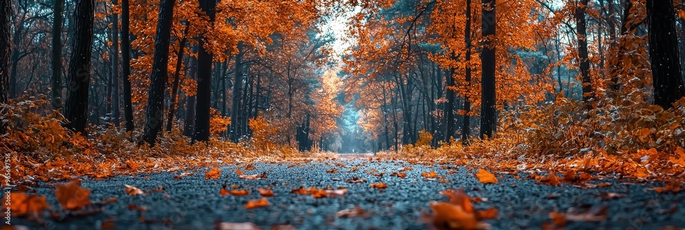Poster a tranquil pathway stretches through a forest, surrounded by trees adorned with stunning autumn leav