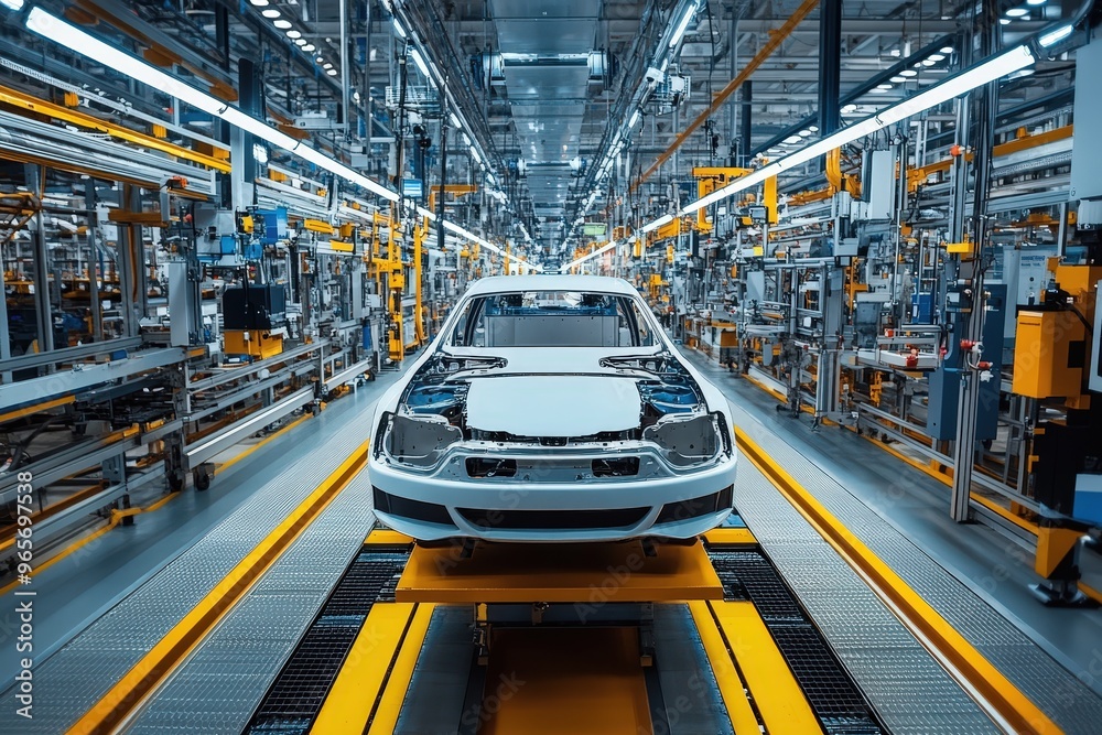 Poster The assembly line features a partially constructed car placed on a brightly lit conveyor track, surrounded by advanced machinery and robotic arms, illustrating modern manufacturing processes