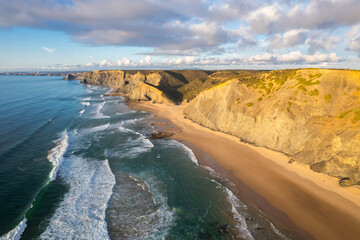 Aerial drone view of Cordoama Beach in Algarve, Portugal