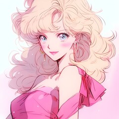 Anime-Style Blonde Female Character in Pink - Bright and Vibrant Digital Art