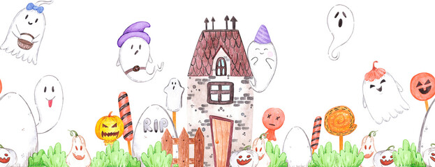 Fototapeta premium Hand drawn watercolor halloween ghosts and haunted house seamless frame border isolated on white background. Can be used for textile, fabric, scrapbook and other printed products.
