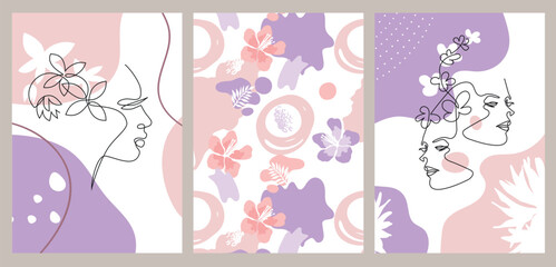 Set of fashion banners. Female face drawn in one line.