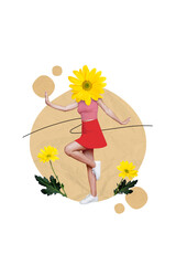 Creative collage picture poster postcard template artwork of happy weird person walk fresh blooming...