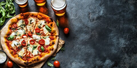 Delicious pizza topped with fresh ingredients, served with cold drinks, perfect for gatherings and casual dining.