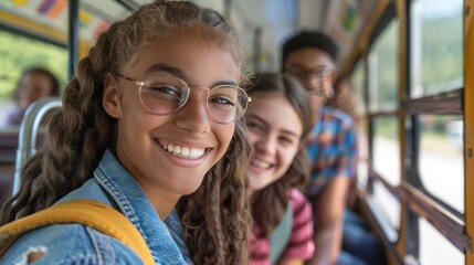 Fototapeta premium Smiling students on a school bus with bright smiles, chatting about their day ahead