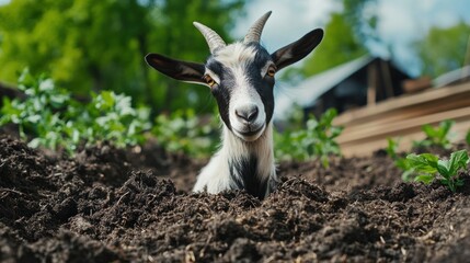 Playful Goat Peeking from the Ground