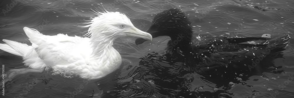 Poster a white bird and a black bird glide side by side in tranquil water, showcasing their distinct plumag