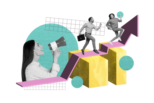 Photo collage template of boss screaming workers toa achieving success isolated beige color background - Powered by Adobe