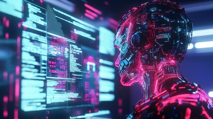 Close-up of a humanoid AI figure with digital circuits, illuminated in vibrant neon colors, interacting with transparent holographic data screens in a high-tech environment
