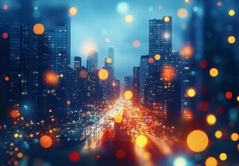 Obraz premium Blurred cityscape at night with glowing lights and a vibrant New Year's Eve ambiance