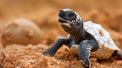 Obraz premium Newborn animal, a baby turtle hatching from its egg on a sandy beach