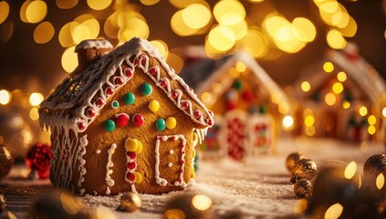 Close-Up of Christmas Gingerbread Houses with Colorful Candies and Icing, Blurred Golden Lights