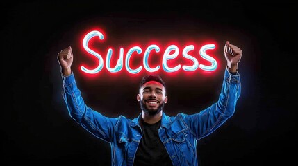 Joyful man celebrating success with raised arms, illuminated by glowing neon sign, symbolizing achievement and positive energy.