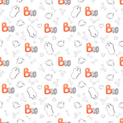 Hand drawn watercolor halloween ghosts and bones seamless pattern isolated on black background. Can be used for textile, fabric, scrapbook and other printed products.
