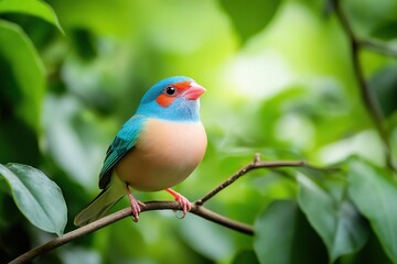 Obraz premium Colorful small bird perched on a branch with green leaves in the background during daylight