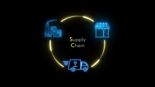 Supply Chain concept, the entire process of getting from manufacture to consumption. Glowing neon line of Supply Chain icon isolated on transparent background.