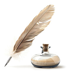 A Quill Pen and Inkwell Ready for Writing on a White Background, Traditional quill pen and blank scroll for writing on white background , Feather pen into the inkwell, letus on a white isolated .


