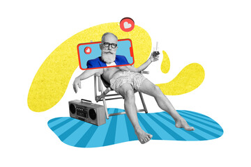 Sketch collage 3d artwork of funky headless guy lying lounger chair sunbath drink cocktail listen music relax rest hotel booking service