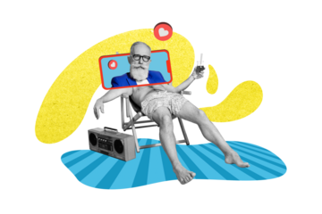 Sketch collage 3d artwork of funky headless guy lying lounger chair sunbath drink cocktail listen music relax rest hotel booking service