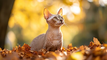 Fototapeta premium A cat sits among autumn leaves, gazing thoughtfully in a serene outdoor setting.