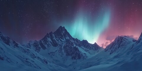 Stunning aurora borealis dancing over snow-covered mountains, creating a magical winter landscape at night.