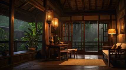 Naklejka premium traditional classic thai house at night