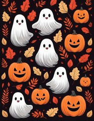 Cute ghosts and pumpkins are floating on a dark floral background, a festive design for halloween projects