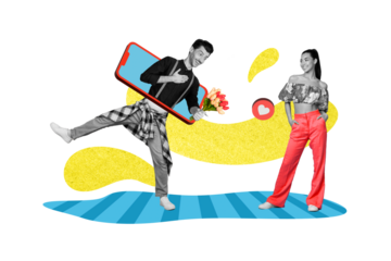 Poster sketch collage 3d image of positive happy two people dating online first meeting romantic feelings isolated on painted background