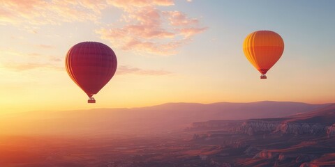 Obraz premium Two vibrant hot air balloons gracefully ascend in the sky during a breathtaking sunset, surrounded by beautiful clouds.