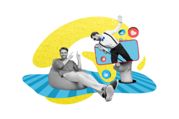 Artwork sketch abstract 3d pop collage of funky two guys sit beanbag showing vocalist gentleman hand hold phone shopping booking service