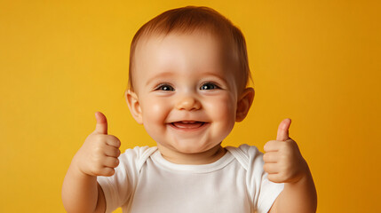 Adorable infant is beaming and giving a thumbs up on a bright yellow backdrop