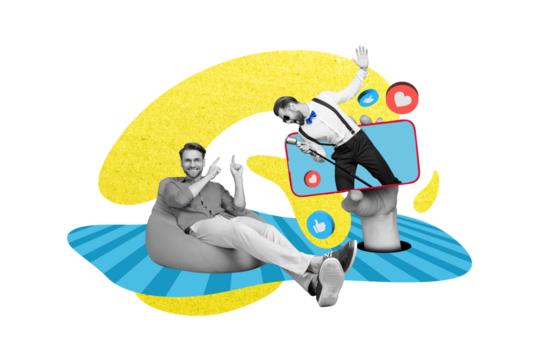 Artwork sketch abstract 3d pop collage of funky two guys sit beanbag showing vocalist gentleman hand hold phone shopping booking service